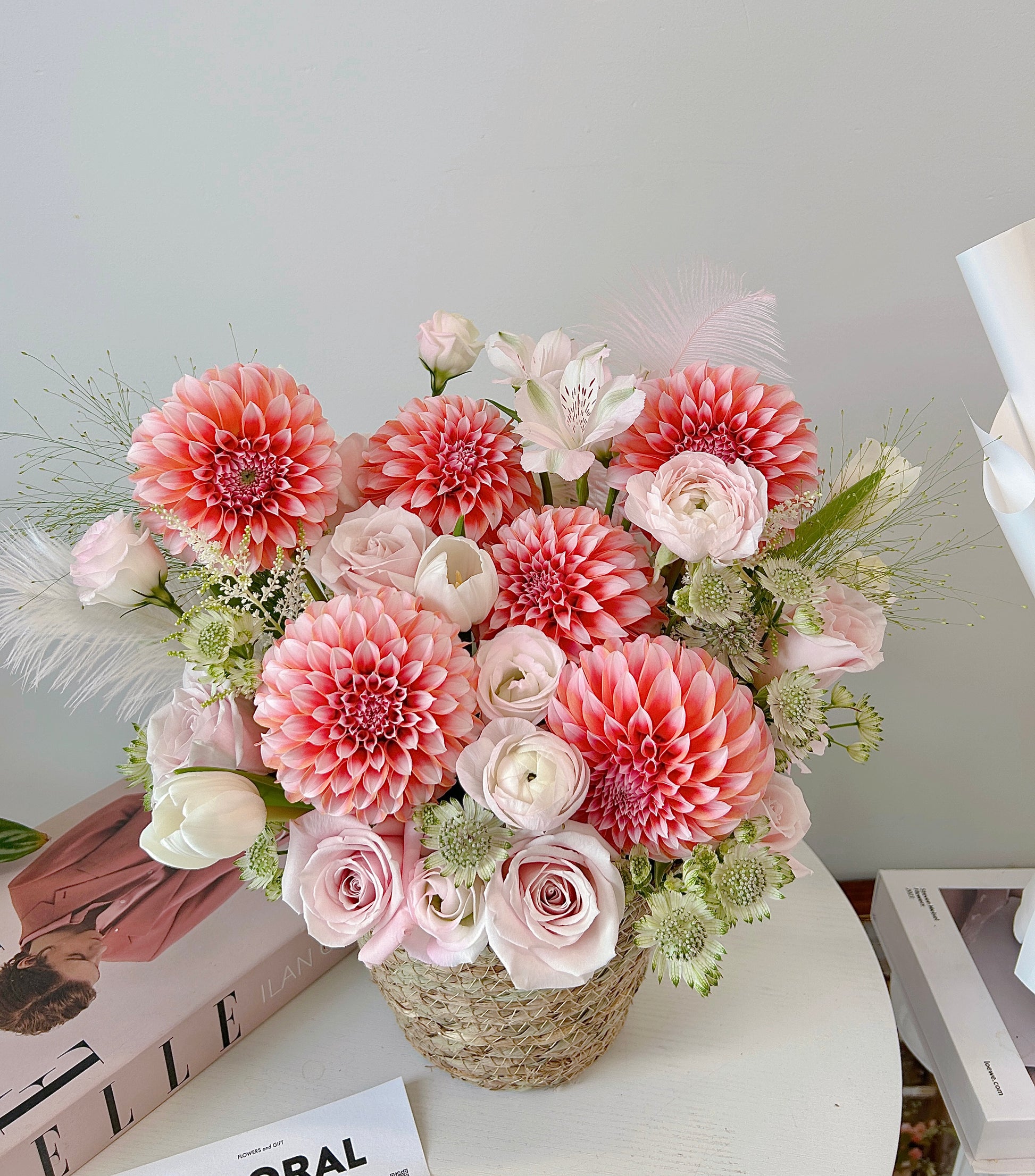 Peach/pink Dahlia Basket