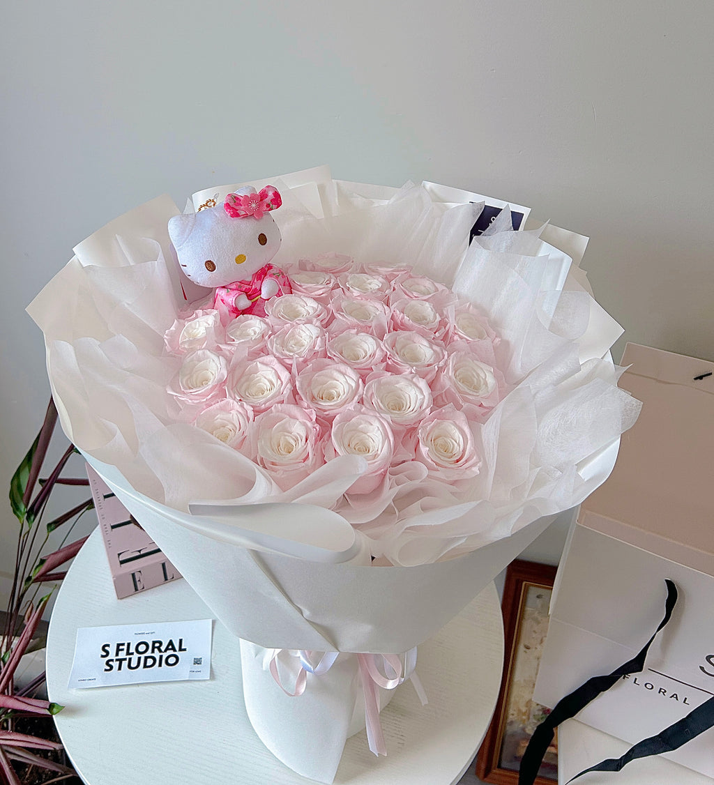 Preserved pink roses bouquet with Hellokitty Doll